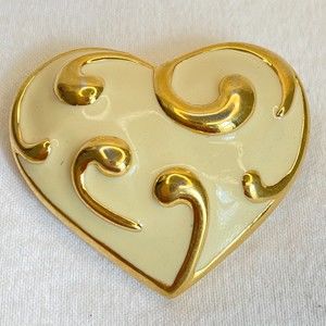 D'Orlan Brooch Heart Shape Gold Tone Metal Swirls Over Cream Enamel